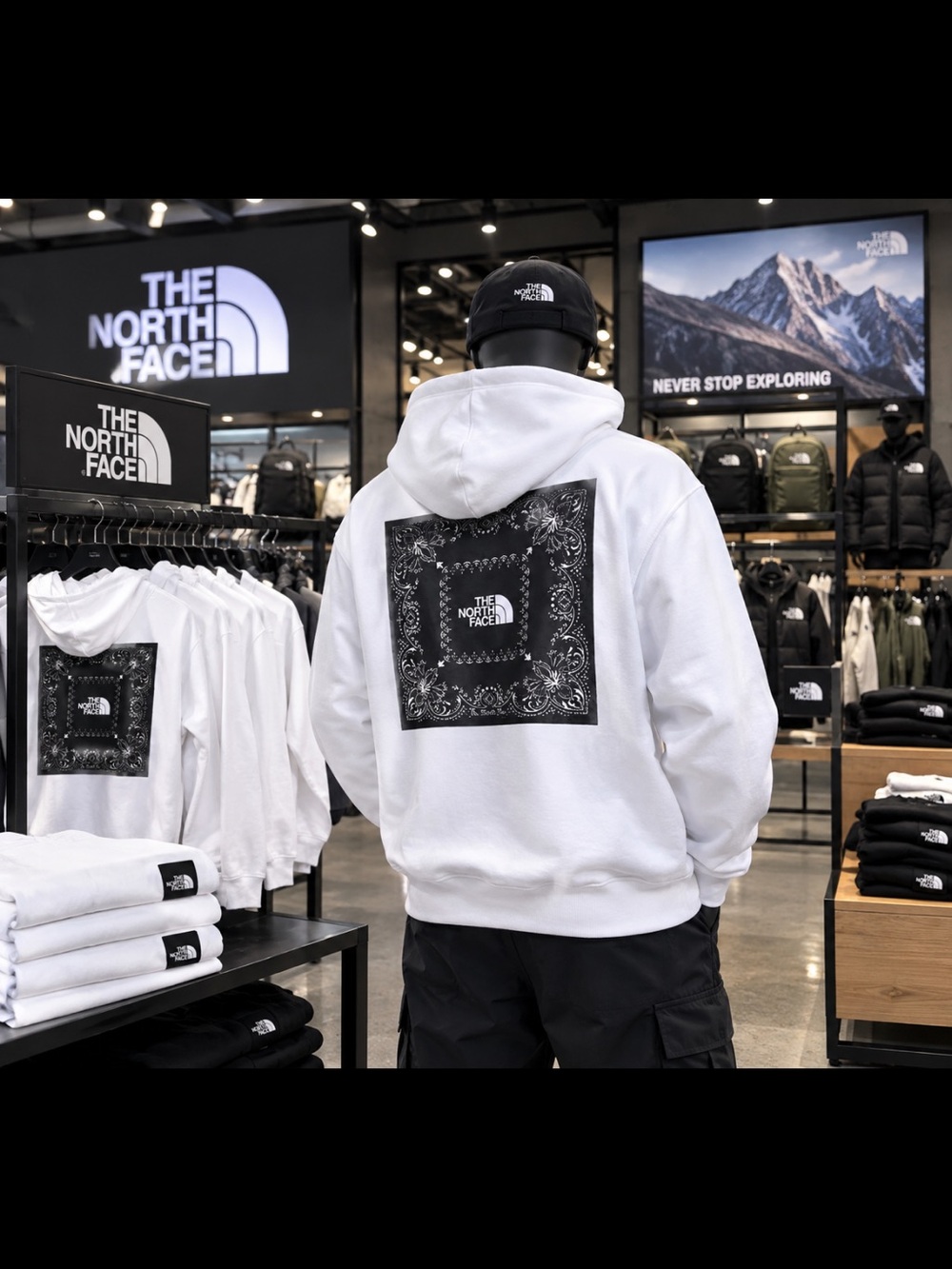 The North Face White Hoodie with Black Bandana Back Print Panel - Picture 2 of 4